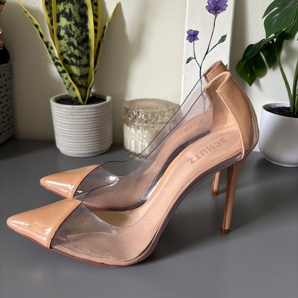 SCHUTZ Clear PVC Pointed Toe Stiletto Pumps in Nude Patent